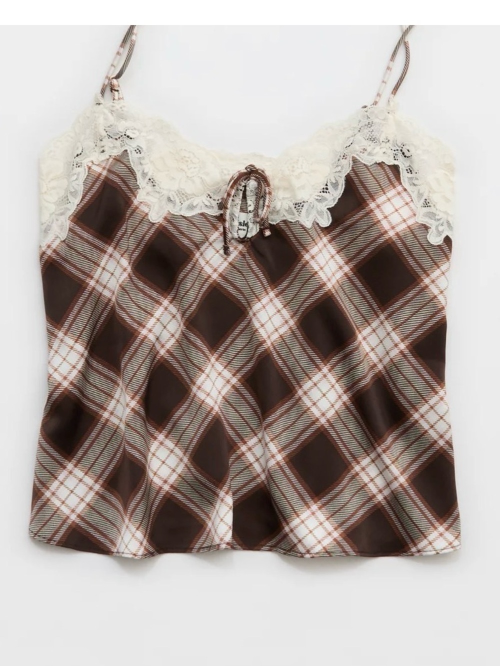 Aerie Lace-Trim Plaid Satin Cami Top in Brown